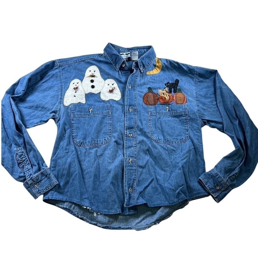 Denim Express Women's Denim Top Medium Halloween Ghosts Pumpkins